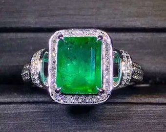 Halo Emerald Engagement Ring, Natural Emerald Statement Ring, Antique Emerald Gold Wedding Ring, Vintage Emerald Diamond Promise Ring