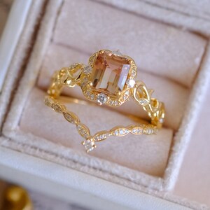 18K Yellow Gold Retro Court Style Watermelon Tourmaline Couple Rings Diamonds Bridal Engagement Ring  Vintage classic Wedding Ring Set