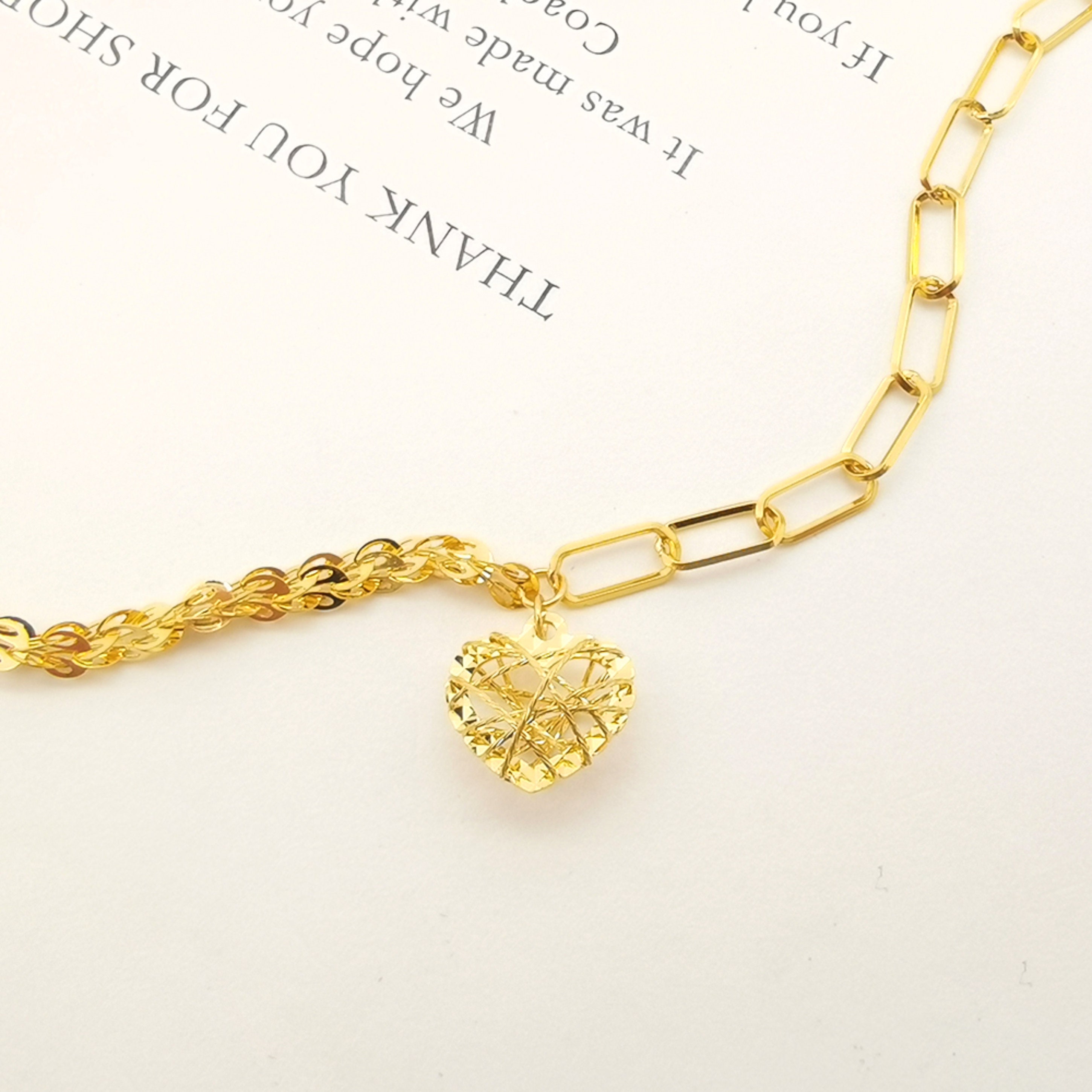 18K Real Gold Heart Charm Bracelet Etsy