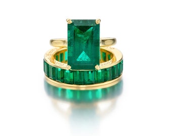 18K Gold Smaragd Verlobungsring Set, Smaragd Gold Ring, Cocktailring, Braut Ehering Set, Smaragd und Diamant Statement Ring für Sie