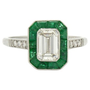 Vintage Emerald Cut Diamond Engagement Ring, Halo Emerald Engagement Ring, Art Deco Diamond and Emerald Statement Ring Antique Promise Ring