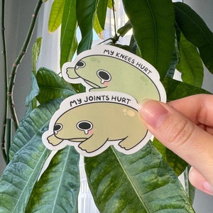 Puede incluir: Dos pegatinas de rana de dibujos animados con caras tristes. La pegatina de arriba dice "Mis rodillas me duelen" y la pegatina de abajo dice "Mis articulaciones me duelen".