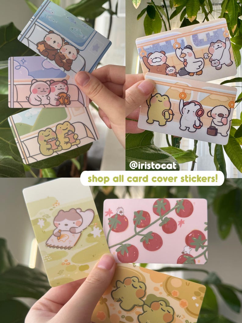 May include: A collection of card cover stickers featuring various cute animal illustrations. Designs include bears, frogs, ducks, and dogs in different settings. The stickers have pastel color schemes and the text "shop all card cover stickers!"