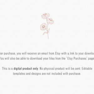 May include: A digital product only. No physical product will be sent. Editable templates and designs are not included with purchase. After purchase, you will receive an email from Etsy with a link to your download. You will also be able to download your files from the "Etsy Purchases" page.
