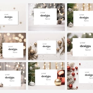 May include: Nine mockups of white cards with the text "your design here" on a white background with a variety of Christmas decorations, including pine branches, ornaments, and lights.