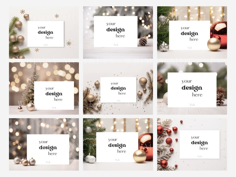 May include: Nine mockups of white cards with the text "your design here" on a white background with a variety of Christmas decorations, including pine branches, ornaments, and lights.