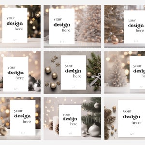 May include: Nine mockups of blank white cards with the text "your design here" on each card. The cards are placed on various surfaces with a Christmas theme, including a white Christmas tree, pine branches, and gold ornaments.