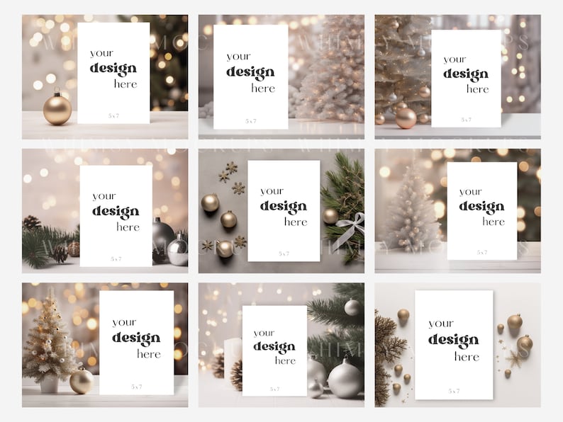 May include: Nine mockups of blank white cards with the text "your design here" on each card. The cards are placed on various surfaces with a Christmas theme, including a white Christmas tree, pine branches, and gold ornaments.