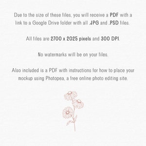May include: Text on a white background that reads: "Due to the size of these files, you will receive a PDF with a link to a Google Drive folder with all .JPG and .PSD files. All files are 2700 x 2025 pixels and 300 DPI. No watermarks will be on your files. Also included is a PDF with instructions for how to place your mockup using Photopea, a free online photo editing site."