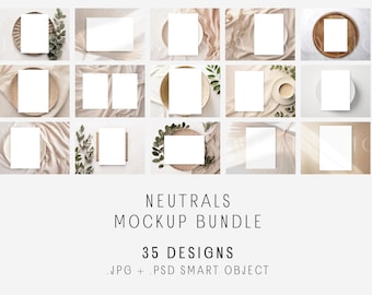 May include: A set of 35 neutral-toned mockup designs for branding and marketing. The designs feature various backgrounds and props, including wood, fabric, and greenery. The mockups are perfect for showcasing logos, products, and other visual elements.