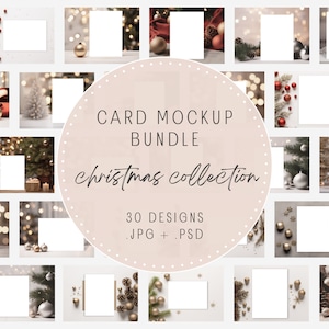 May include: A set of 30 Christmas card mockups featuring various festive scenes with ornaments, lights, and greenery. The mockups are available in JPG and PSD formats.