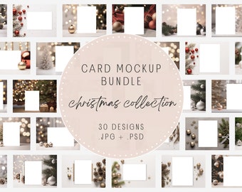 May include: A set of 30 Christmas card mockups featuring various festive scenes with ornaments, lights, and greenery. The mockups are available in JPG and PSD formats.