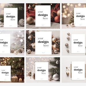 May include: Nine different mockups of a blank white card with the text "your design here" on it. The cards are placed in front of various Christmas-themed backgrounds, including pine branches, ornaments, and lights.