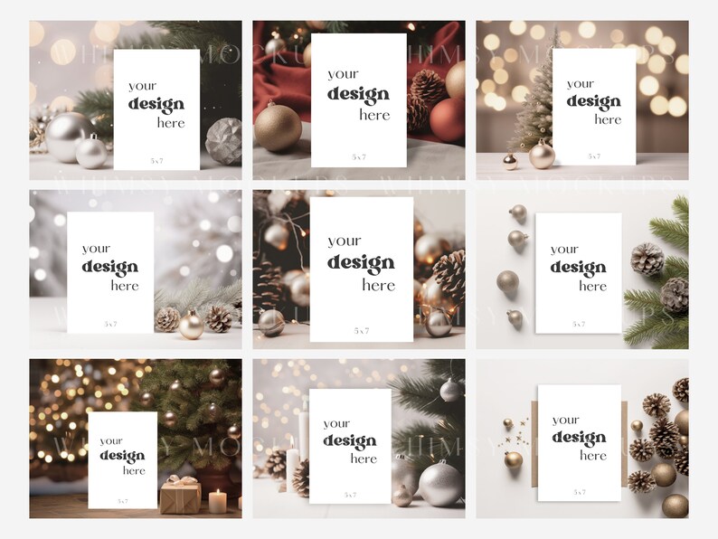 May include: Nine different mockups of a blank white card with the text "your design here" on it. The cards are placed in front of various Christmas-themed backgrounds, including pine branches, ornaments, and lights.