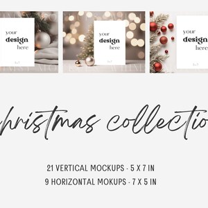 May include: Three mockups of a white card with the text "your design here" on a background of Christmas decorations. The first mockup shows a white card with gold ornaments and lights. The second mockup shows a white card with a blurred background of gold lights. The third mockup shows a white card with red ornaments and pine branches. The text "christmas collection" is below the mockups. The text "21 VERTICAL MOCKUPS - 5 X 7 IN" and "9 HORIZONTAL MOCKUPS - 7 X 5 IN" is below the text "christmas collection".