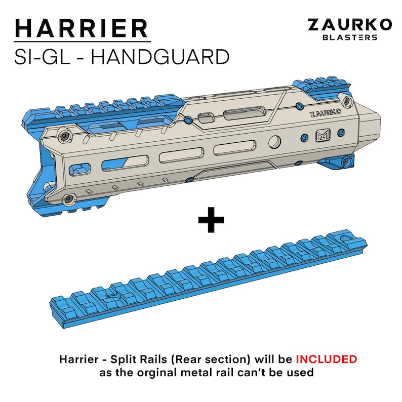 Puede incluir: Un guardamanos Harrier SI-GL beige con un logotipo negro Zaurko Blasters. El guardamanos tiene un sistema de riel dividido e incluye un riel met&aacute;lico azul separado.