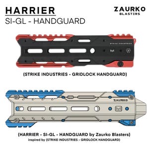 Puede incluir: Una protecci&oacute;n de manos negra y roja con una superficie texturizada y un logotipo de Strike Industries. La protecci&oacute;n de manos est&aacute; etiquetada como "Harrier SI-GL Handguard" y est&aacute; inspirada en la protecci&oacute;n de manos Strike Industries Gridlock.
