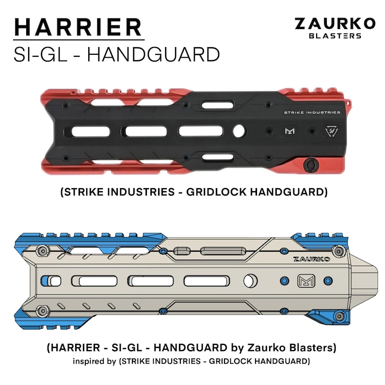 Puede incluir: Una protecci&oacute;n de manos negra y roja con una superficie texturizada y un logotipo de Strike Industries. La protecci&oacute;n de manos est&aacute; etiquetada como "Harrier SI-GL Handguard" y est&aacute; inspirada en la protecci&oacute;n de manos Strike Industries Gridlock.