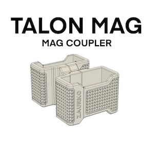 Peut inclure: Un coupleur de chargeur en plastique beige avec le texte "TALON MAG" et "MAG COUPLER" imprimé dessus. Le coupleur est conçu pour relier deux chargeurs ensemble.