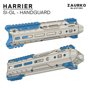 Puede incluir: Un guardamanos Zaurko Blasters Harrier SI-GL de color gris con detalles azules. El guardamanos tiene un sistema de rieles y el logotipo de Zaurko.