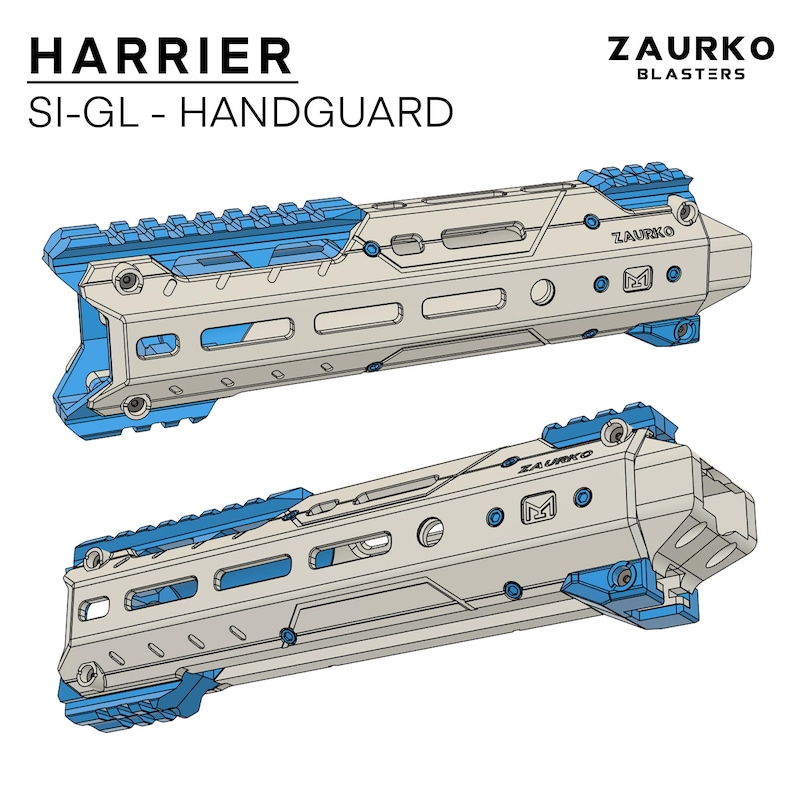 Puede incluir: Un guardamanos Zaurko Blasters Harrier SI-GL de color gris con detalles azules. El guardamanos tiene un sistema de rieles y el logotipo de Zaurko.