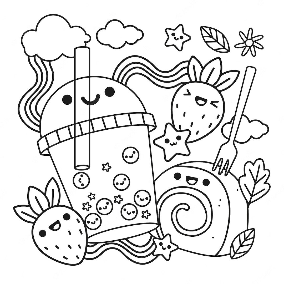 Strawberry Boba Coloring Page - Etsy Australia