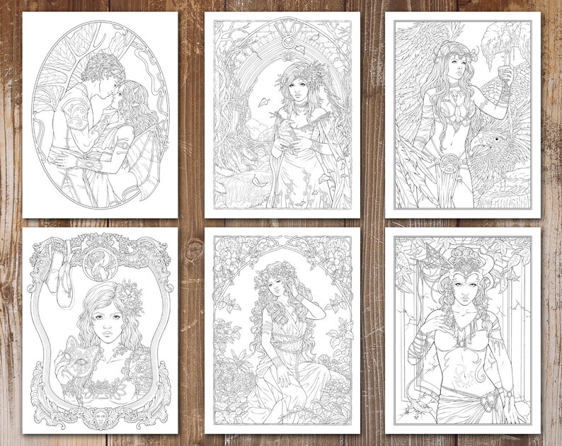 May include: Six black and white line art illustrations of women and a couple in various poses. The illustrations are framed with decorative borders and feature floral and nature-inspired elements.