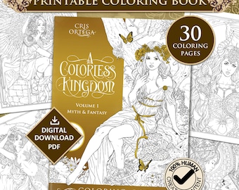 Myth & Fantasy coloring book | A Colorless Kingdom Vol 1 | 30 detailed hand-drawn images | Printable - PDF download