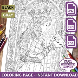 May include: A black and white coloring page featuring a woman with long hair wearing a crown and holding a skull. The woman is standing in a gothic archway with intricate details. The text "NO AI 100% HUMAN CREATED" and "COLORING PAGE INSTANT DOWNLOAD" are at the bottom of the page.