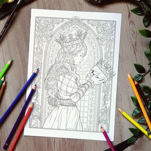 May include: A black and white coloring page featuring a woman wearing a crown and holding a skull in her hands. The woman is standing in front of a large ornate window. The image is surrounded by a decorative border.