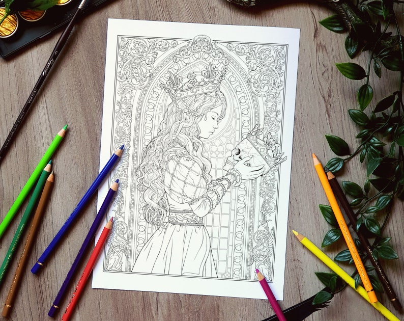 May include: A black and white coloring page featuring a woman wearing a crown and holding a skull in her hands. The woman is standing in front of a large ornate window. The image is surrounded by a decorative border.