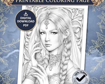 May include: A black and white printable coloring page featuring a detailed line art illustration of a person with braided hair, wearing an ornate headpiece, earrings, and a necklace. The text PRINTABLE COLORING PAGE, DIGITAL DOWNLOAD PDF, and 100% HUMAN CREATED CONTENT are visible.