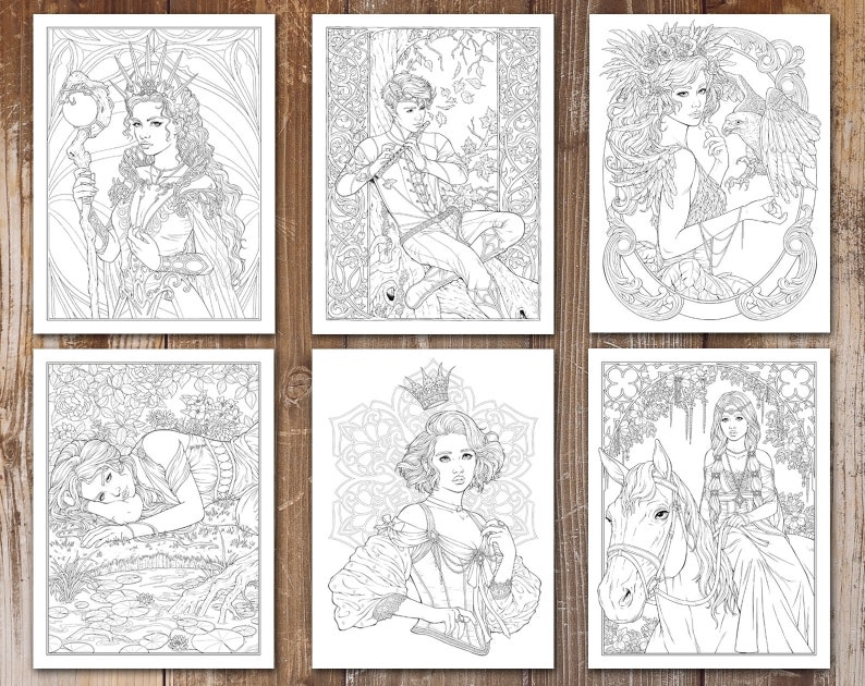 May include: Six black and white line art illustrations of fantasy characters. The illustrations feature a woman with a crown and a staff, a man playing a flute, a woman with a bird, a woman lying down, a woman with a crown and a book, and a woman riding a horse.