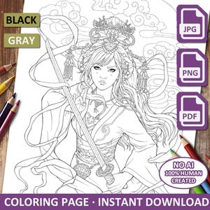 Fantasy coloring page - Moon warrior - Printable download