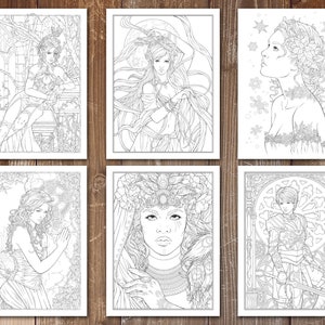 May include: Six black and white line art illustrations of women in various poses. The illustrations are in a fantasy style and feature intricate details.