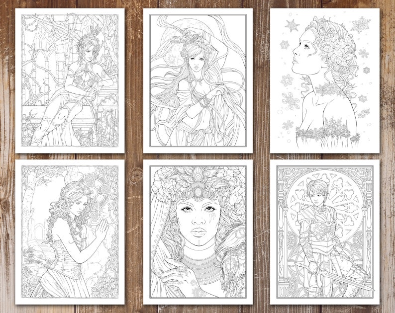 May include: Six black and white line art illustrations of women in various poses. The illustrations are in a fantasy style and feature intricate details.