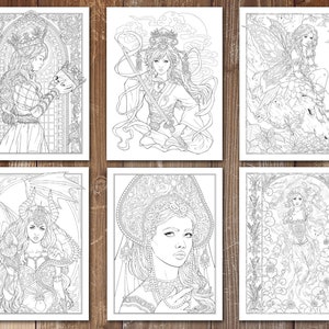May include: Six black and white coloring pages featuring intricate illustrations of women with fantasy elements. Each page features a different woman with a unique style and design, including a woman with a crown, a woman with a sword, a woman with wings, a woman with horns, a woman with a headdress, and a woman with flowers.