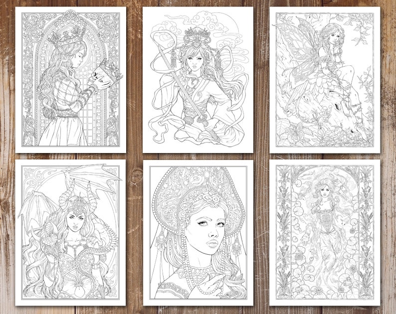May include: Six black and white coloring pages featuring intricate illustrations of women with fantasy elements. Each page features a different woman with a unique style and design, including a woman with a crown, a woman with a sword, a woman with wings, a woman with horns, a woman with a headdress, and a woman with flowers.
