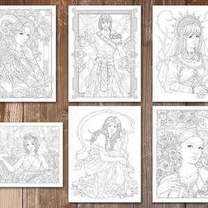 May include: Six black and white line art illustrations of people with intricate details. The illustrations are on a wood background.