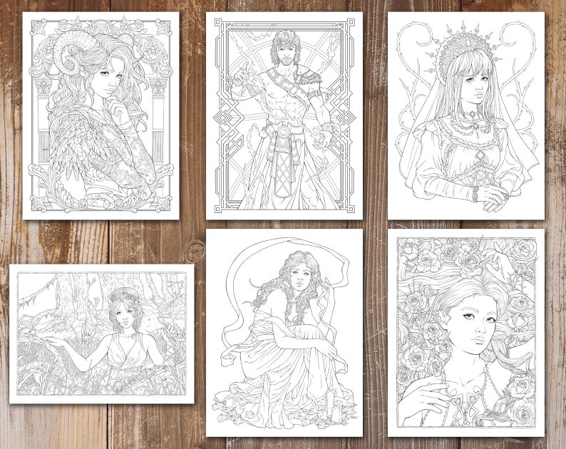 May include: Six black and white line art illustrations of people with intricate details. The illustrations are on a wood background.
