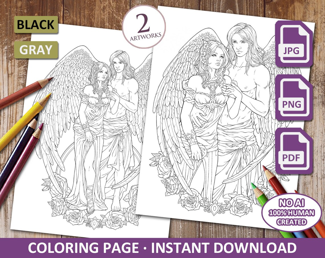 Fantasy Coloring Page Angels Printable Download 2 Designs - Etsy Canada