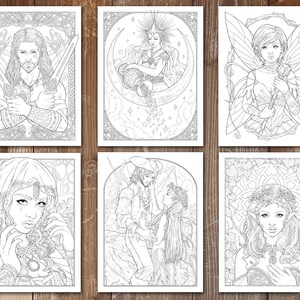May include: Six black and white coloring pages featuring fantasy characters. The first page shows a man with long hair and a beard holding two swords. The second page shows a woman with long hair sitting on a crescent moon. The third page shows a fairy with wings and a wand. The fourth page shows a woman with long hair wearing a hood. The fifth page shows a man and a woman standing together. The sixth page shows a woman with long hair wearing a crown of leaves.