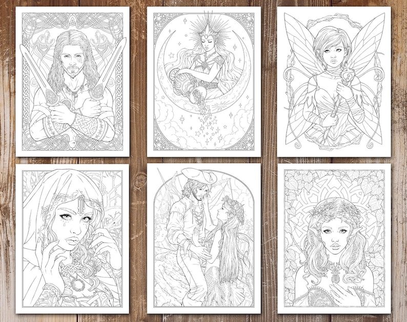 May include: Six black and white coloring pages featuring fantasy characters. The first page shows a man with long hair and a beard holding two swords. The second page shows a woman with long hair sitting on a crescent moon. The third page shows a fairy with wings and a wand. The fourth page shows a woman with long hair wearing a hood. The fifth page shows a man and a woman standing together. The sixth page shows a woman with long hair wearing a crown of leaves.