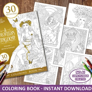 May include: A coloring book cover with a gold background and the title "A Colorless Kingdom, Volume 1: Myth & Fantasy". The cover features a black and white illustration of a woman with wings and a butterfly.