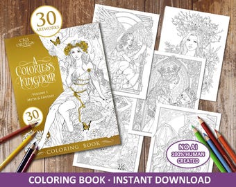 Coloring Book PDF | A Colorless Kingdom Vol 1 - Myth & Fantasy | 30 images