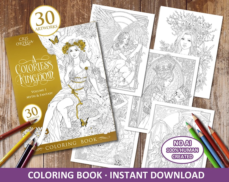 May include: A coloring book cover with a gold background and the title "A Colorless Kingdom, Volume 1: Myth & Fantasy". The cover features a black and white illustration of a woman with wings and a butterfly.