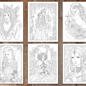May include: Six black and white coloring pages featuring fantasy illustrations. The illustrations include a woman with a crown, a couple in a garden, a unicorn, a woman with a sword, a woman with antlers, and a woman with a crown and a necklace.