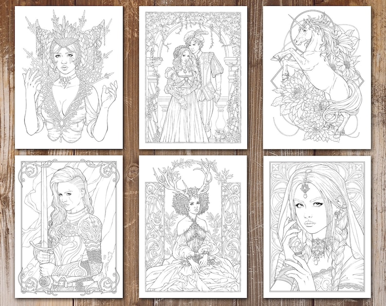 May include: Six black and white coloring pages featuring fantasy illustrations. The illustrations include a woman with a crown, a couple in a garden, a unicorn, a woman with a sword, a woman with antlers, and a woman with a crown and a necklace.
