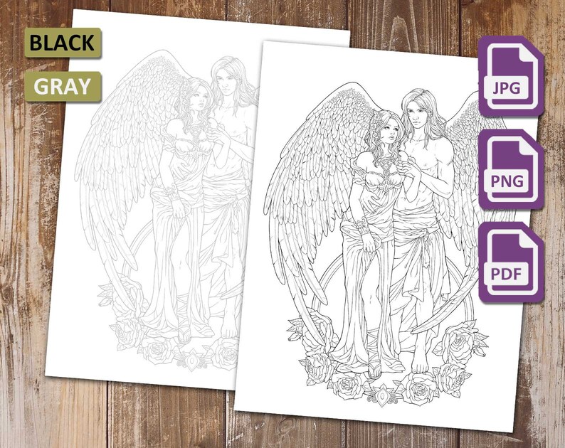 Fantasy Coloring Page Angels Printable Download 2 Designs - Etsy