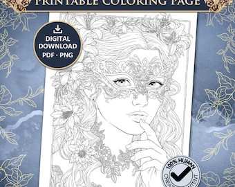 Puede incluir: Una página para colorear imprimible con una ilustración de líneas de una persona que lleva una máscara de baile ornamentada y está rodeada de flores detalladas. La imagen incluye el texto PRINTABLE COLORING PAGE y DIGITAL DOWNLOAD PDF PNG.